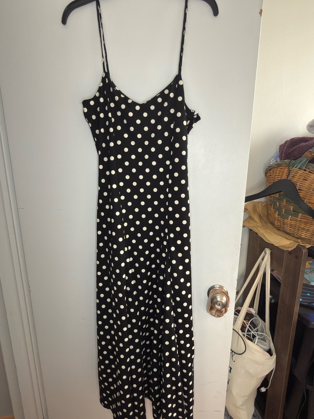 Black Polka Dot Slip Dress - Women's Classic Spaghetti Strap